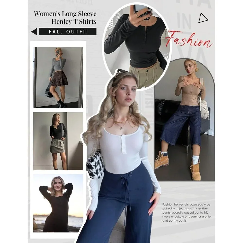 Women's Long Sleeve Thermal Henley Shirt Cozy Casual Tops Slim Fit - Picture 6 of 6